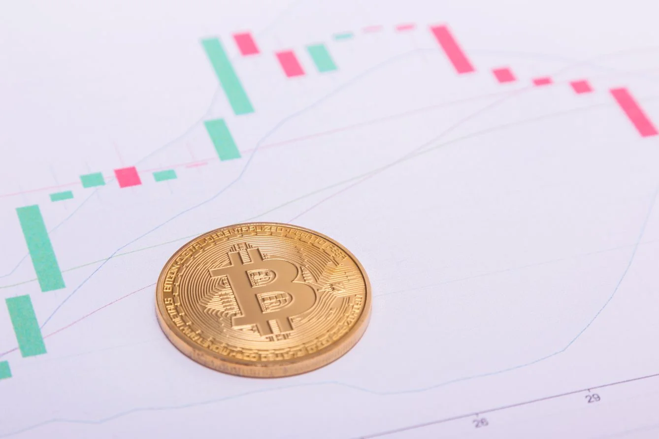  Bitcoin อยู่ด้านบนของรูปภาพแผนภูมิการซื้อขายที่แสดงถึงโครงการปั๊มและดัมพ์ 