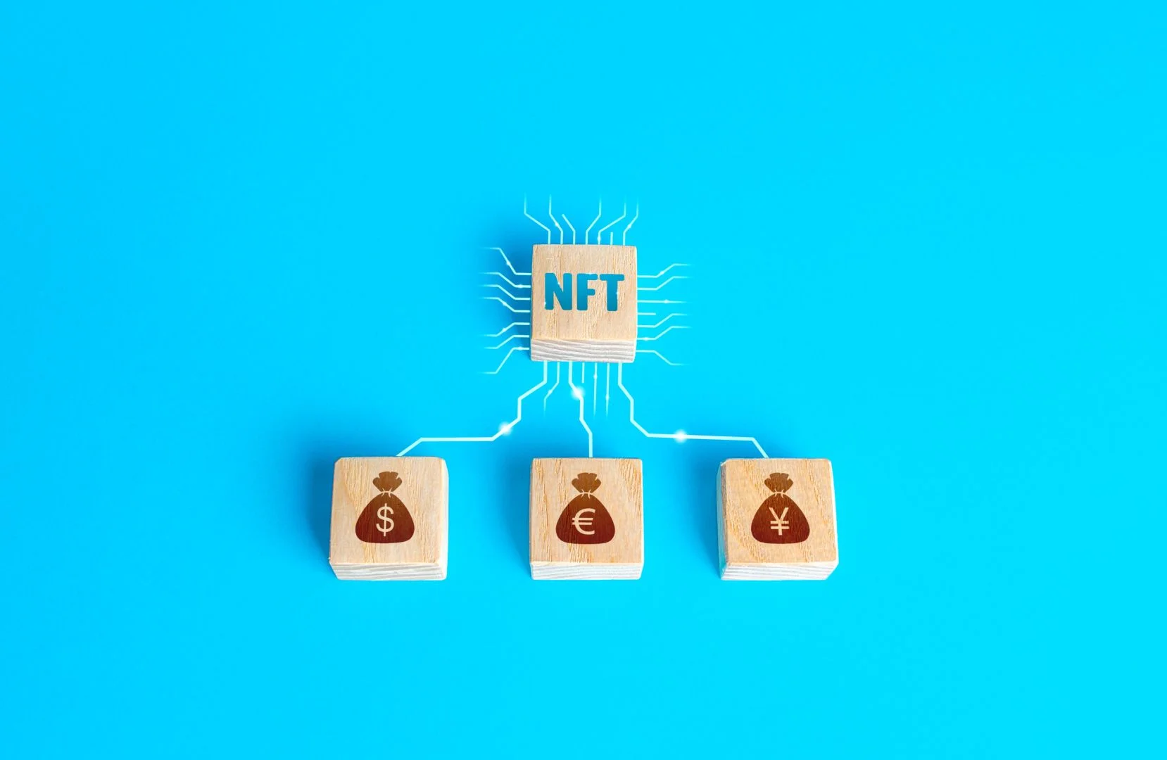  Blocks NFT non-fungible token and money connected by lines. Selling digital assets and art 