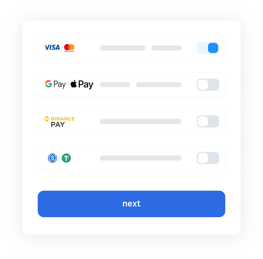 Payment method configuration dashboard enabling cards, digital wallets, and stablecoins.