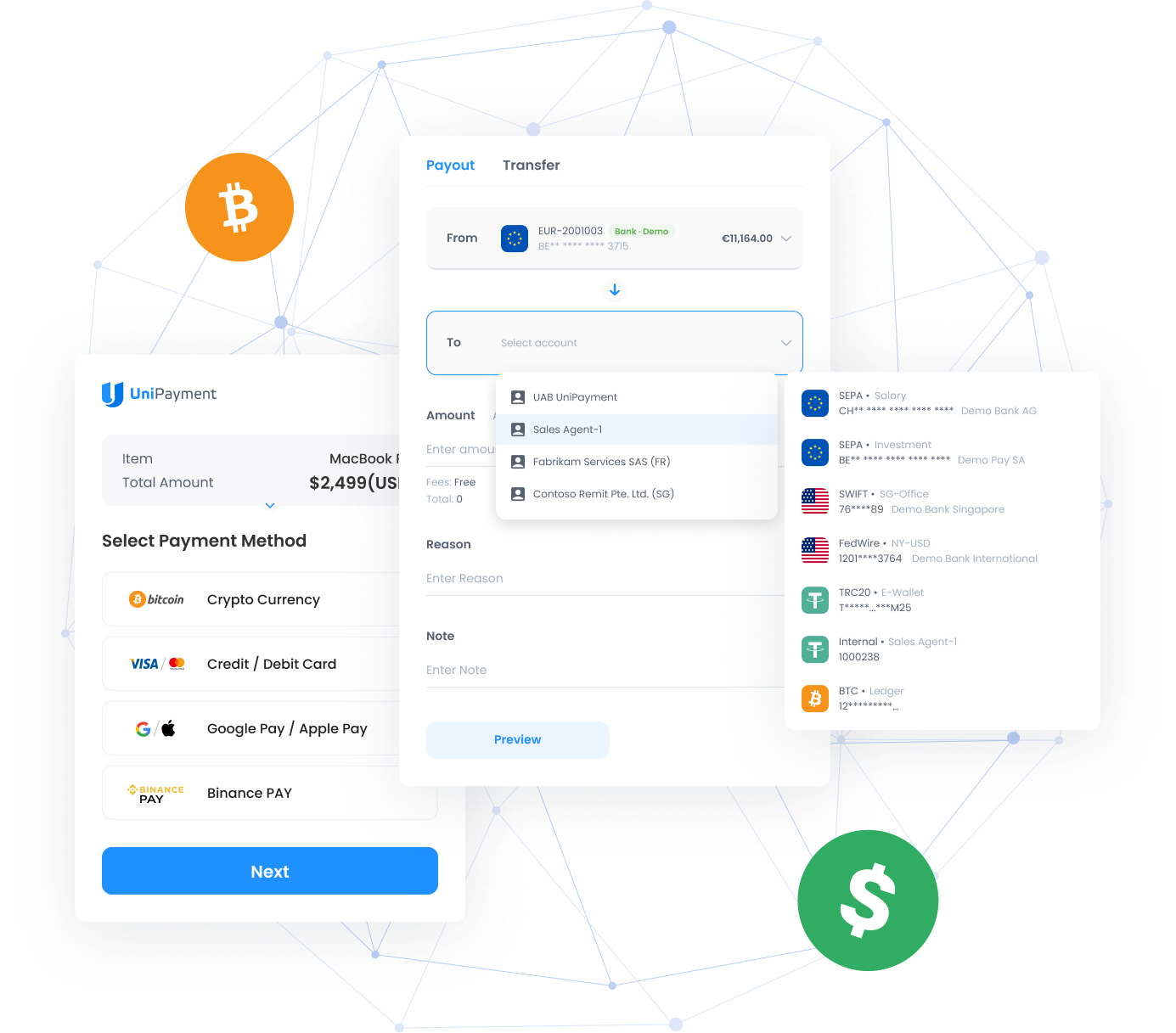 Secure global payment processing with real-time conversion between crypto and fiat currencies.