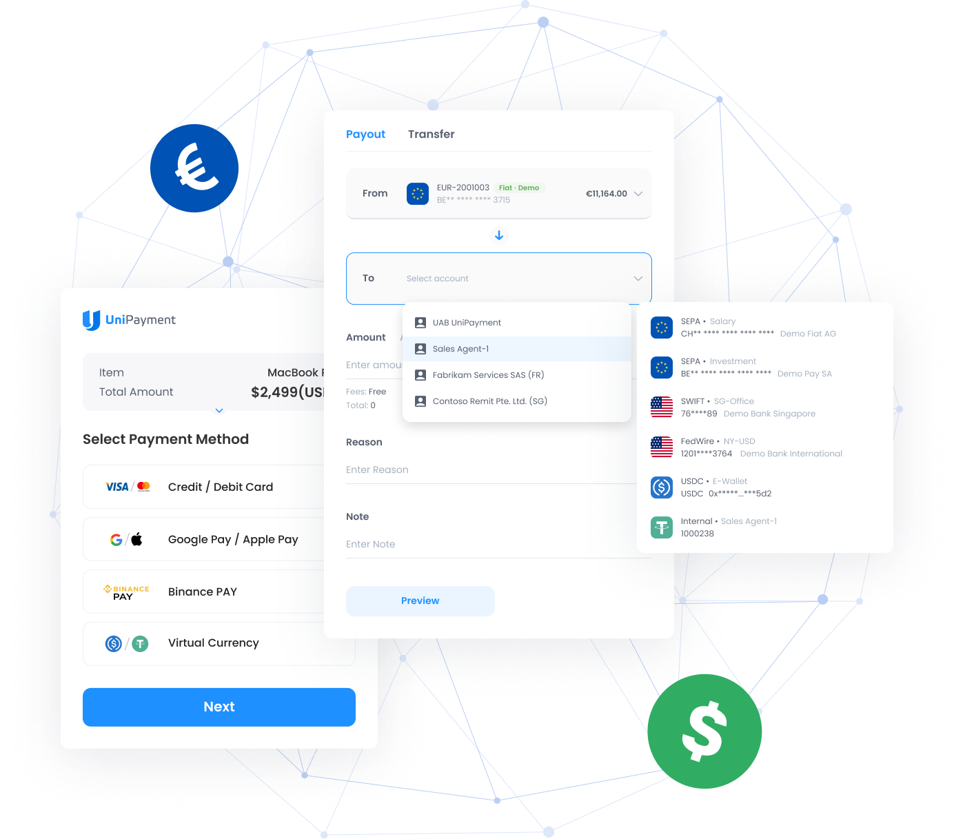 Secure global payment processing with real-time conversion between crypto and fiat currencies.