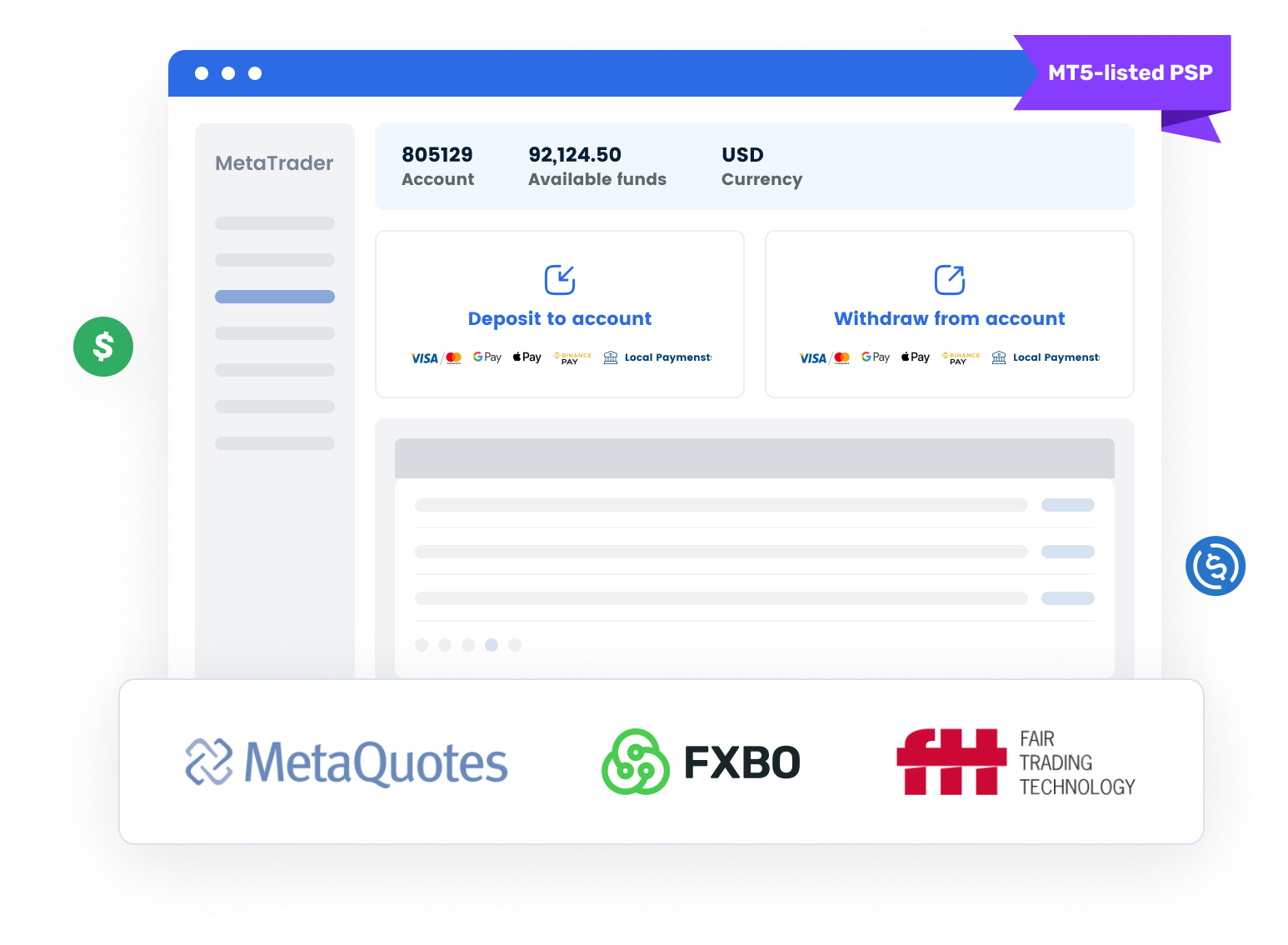 Forex brokerage payment dashboard for deposits and stablecoin settlements.