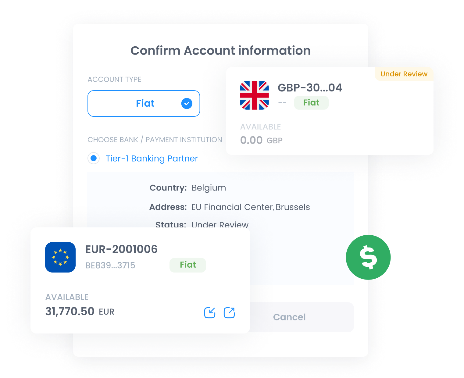 Business account dashboard with SWIFT, SEPA, and ACH options.