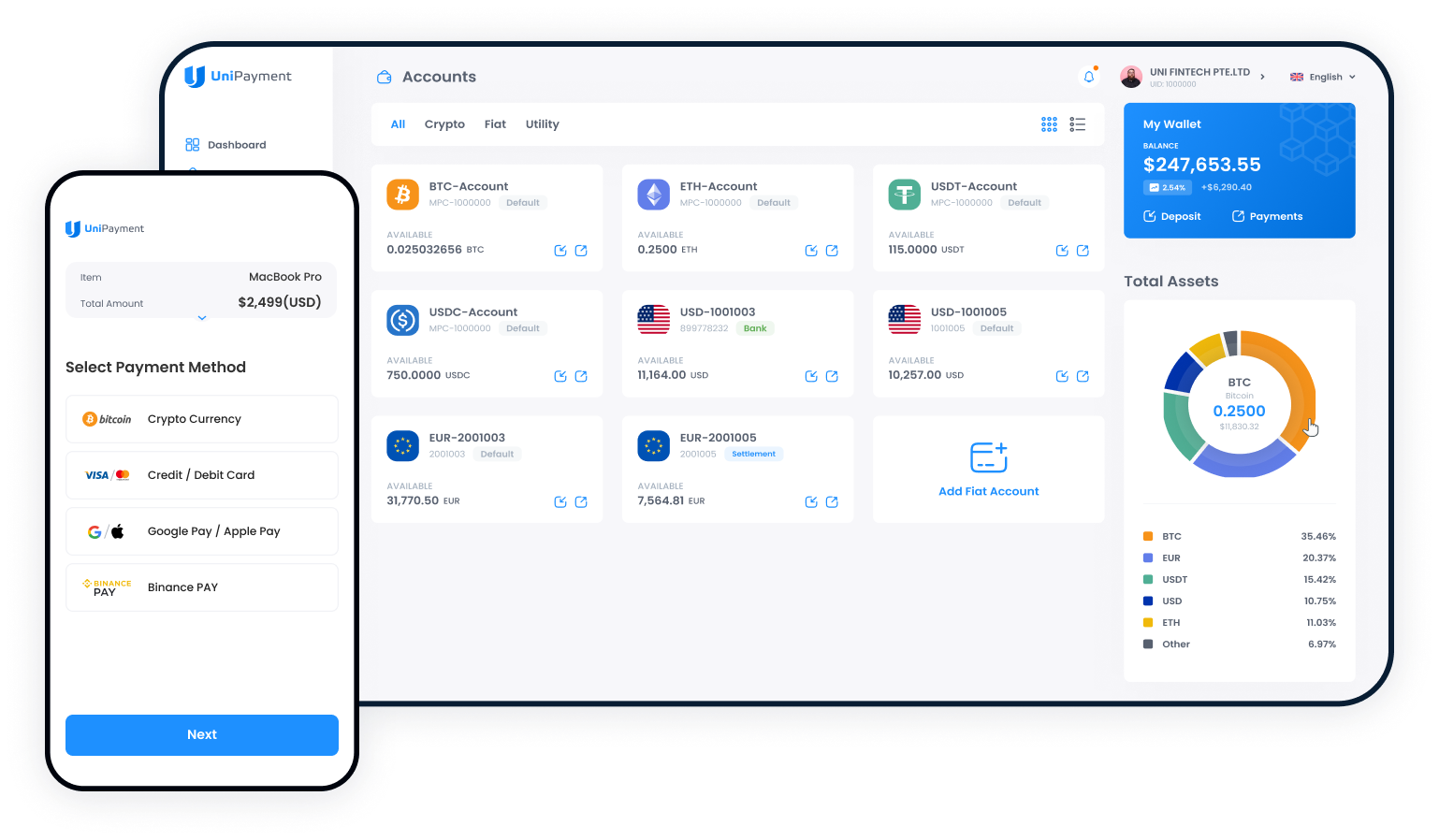 UniPayment payment platform with multi-currency wallet and payment options for crypto, cards, and digital wallets.